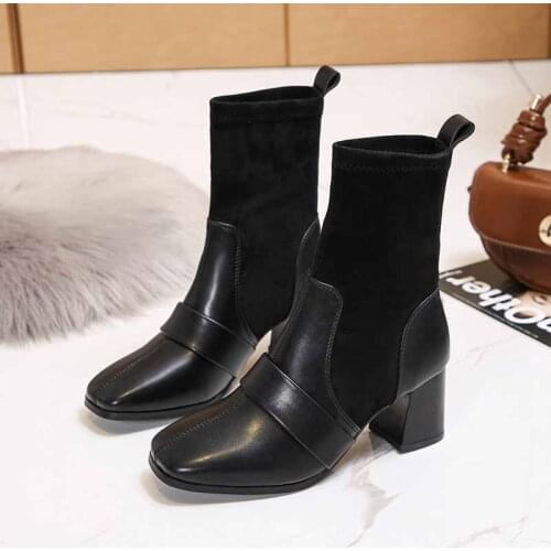 Fashion Office Retro Commuter Elegant Square Toe Boots Women Retro Short Boots Womens Shoes Non-slip Stitching Women High Heels