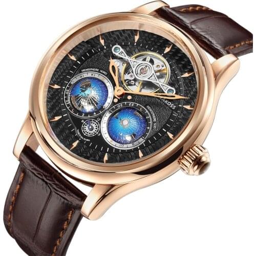 Fashion Rotate 3D Earth Mechanical Watch for Mens Flywheel Device Automatic Self-Wind Wristwatches Reloj De Hombre SEAKOSS 46mm