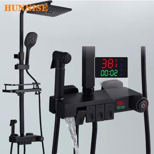 Press Handle Piano Digital Bathroom Shower Set Luxury Waterfall Bathroom Mixer Faucets Rainfall Thermostatic Shower System