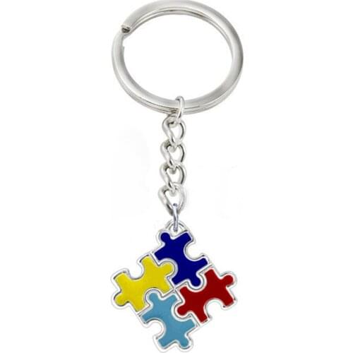 Eco Friendly Zinc Alloy Metal Rhodium Plated Enamel Color Square Shape Puzzle Piece Autism Jigsaw Key Chain For Autistic Gifts