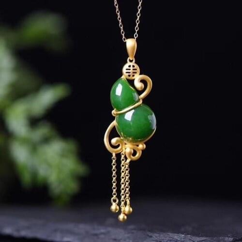 Natural Hotian Jade Pendant Womens Small Calabash Jade Necklace S925 Sterling Silver Ancient Ethnic Style Chinese Style Cheongs