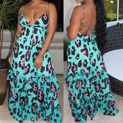 Spaghetti Strap Dress Womens Summer Loose Leopard Print Boho V-neck Long Maxi Dresses Female Elegant Beach Ruffles Sunderss 2020