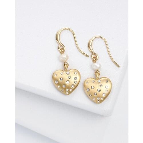 Jaeeyin 2021 Fashion Classic Cute Satin Gold Color Love Heart,Freshwater Pearl,Rhinestone Fish Hook Earrings Girlfirend Gift