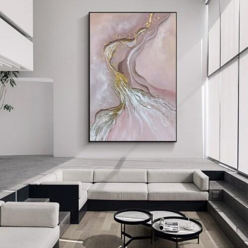 Pure handpainted modern light luxury living room decoration painting gold pink simple abstract three dimensional hanging paintin