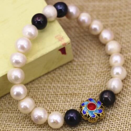 Unique design natural white black nearround pearl beads 9-10mm strand bracelet gold-color cloisonne women jewelry 7.5inch B3095