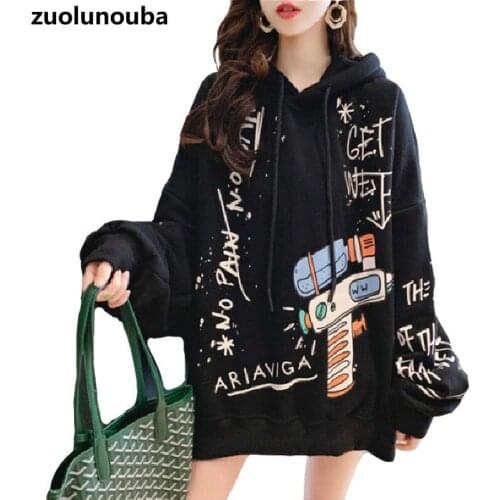 2020 Autumn And Winter Plus Velvet Thick Women Hooded Korean Loose Casual Graffiti Fashion Print Mid-length Ladies Sweatshirt