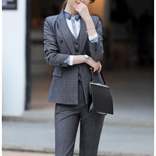 Suits Women Double Breasted Slim Plaid Blazer Vest Pants 3 Piece Set Business Formal Work Office Ladies Wear Plus Size