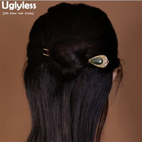 Uglyless Like a peacock feather Eastern Dress Hair Forks for Women Retro Fashion 925 Silver Hair Sticks Water Drop Jasper Jewels