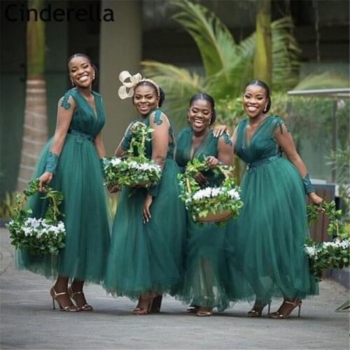 African Bridesmaid Dresses Green V-Neck Long Sleeves Lace Applique Crystal Tulle Ankle Length Wedding Party Bridesmaid Dresses