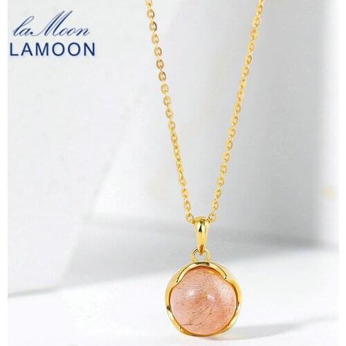 LAMOON S925 Silver Necklace For Women Natural Sunstone Pendant 14K Gold Plated Fine Jewelry Handmade Reiki Bijouterie LMNI145