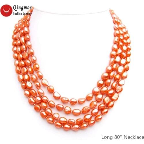 Qingmos Fashion Natural Pearl Necklace for Women with 7-9mm Baroque Bright Pink Pearl Long Necklaces Jewelry Sweater 80'' N6561