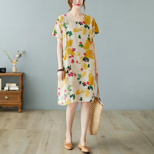 Women Summer Cotton Linen Casual Dresss New 2021 Vintage Style Floral Print Loose Comfortable Female Knee-length Dresses B589