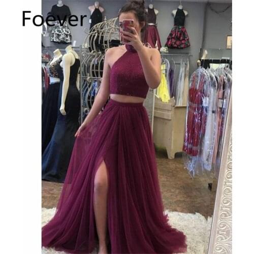 2019 Burgundy Beaded Prom Dresses Long Two Pieces Gown Halter Front Slit Vestido Longo Formal Evening Party Dress for Women