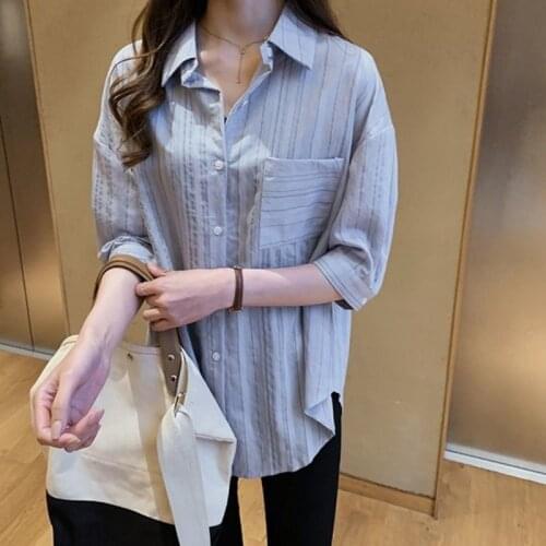 2021 Blouse Women Half Sleeve Striped Top Shirts Blouses Female Loose Blusas Summer Casual Ladies Office Femininas Tops Y998