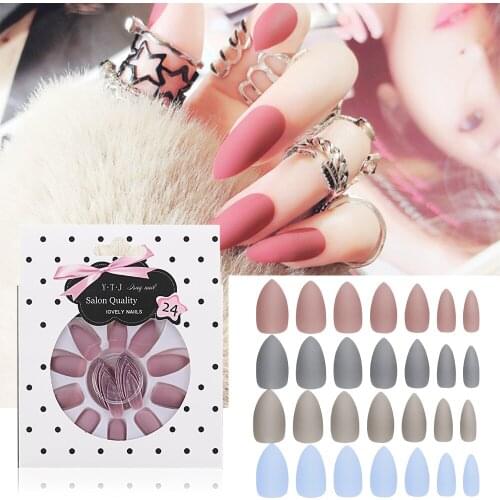 24Pcs/Set Fashion Fake Nails Matte Acryl Nagel Tips Stiletto False Nails Pointed Sharp Black Red Purple Artificial False