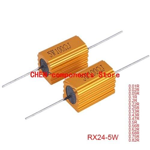 5pcs RX24 5W Gold aluminum shell resistor 0.01R 0.02R 0.05R 0.1R 0.2R 0.22R 0.25R 0.33R 0.47R 0.5R 0.56R 0.62R 0.68R 0.75R 0.82