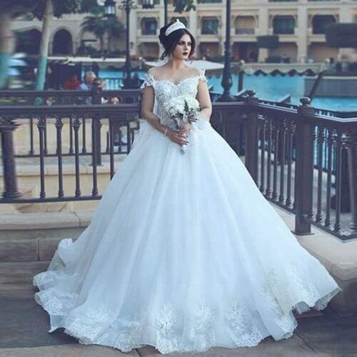 Short Sleeves Ball Gown Wedding Dress 2020 Lace Appliques Off The Shoulder Sheer Tulle Bridal Gowns Custom Made Bride Dresses