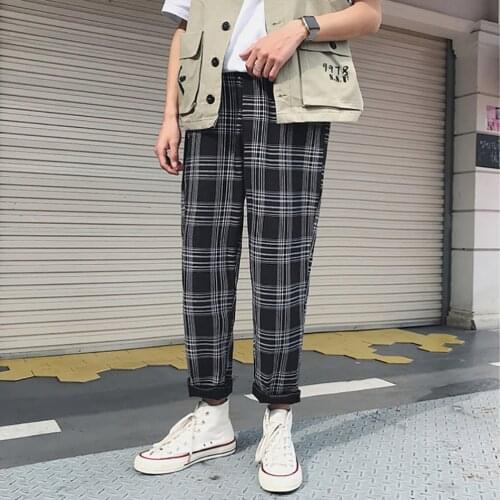 Stretch Plaid Pants Men Black Oversized Urban Sweatpants Hip Hop Trousers Male Harem Korean Cotton Mens Clothing Plus Size