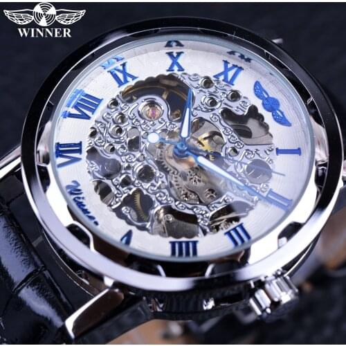 Winner Blue Hands Black Leather Strap Retro Classic Design Clock Mens Watches Top Brand Luxury Fashion Casual Designer Watch