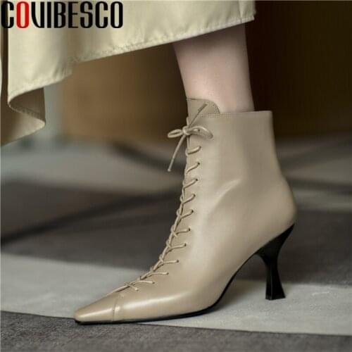 COVIBESCO Concise Genuine Leather Women Ankle Boots Thin Heels Shoes Woman Autumn Winter Cross-Tide Zipper Office Basic Boots
