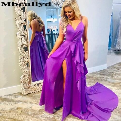 Mbcullyd Elastic Satin Long Prom Dresses 2020 New Arrival Backless Sweep Train A Line Special Occasion Evening Gowns With Slit