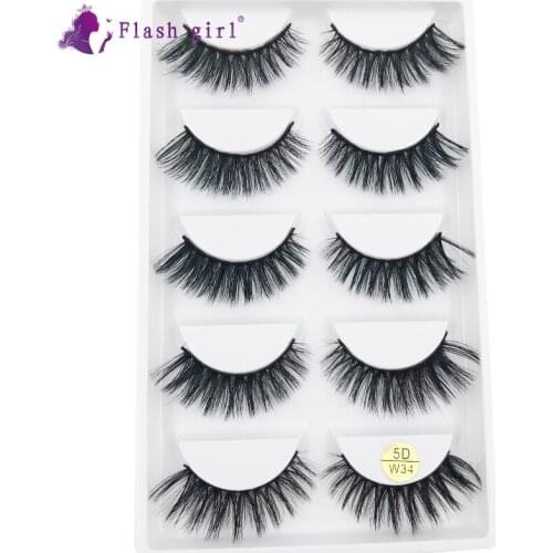 Flash Girl Professional 5 Pairs 5D Mink Eyelashes 5D-W34 Handmade Wispy Fluffy Long Lashes Eye Makeup Tools
