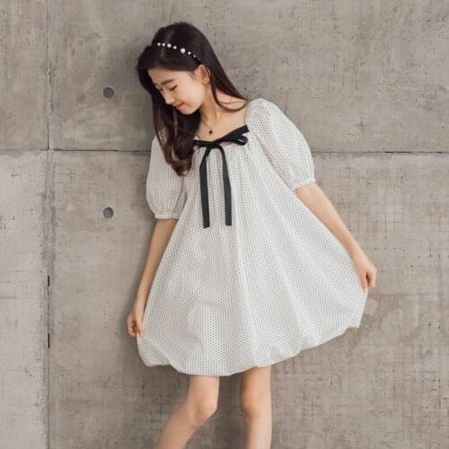 Polka Dot Cotton Teen Girls Dress Puff Sleeve 2021 New Children Summer Clothing Square Kids Clothes,#6314