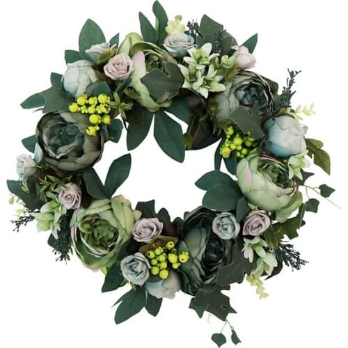 Artificial Peony Wreath Green Flower Door Wreath with Green Leaves Wreath for Front Door Wedding Wall Home Decoration