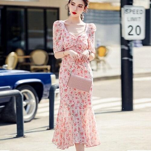 Fashion Summer Korean Vintage Puff Sleeve Midi Dress Ladies Elegant Casual Square Collar Beading Floral Print Folds Beach Dress