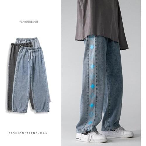 Fashion Mens Vintage Washed Jeans Hip Hop Stars Printed Loose Fit Denim Pants Cuffed Harajuku Urban Style Dad Jean Trousers Male