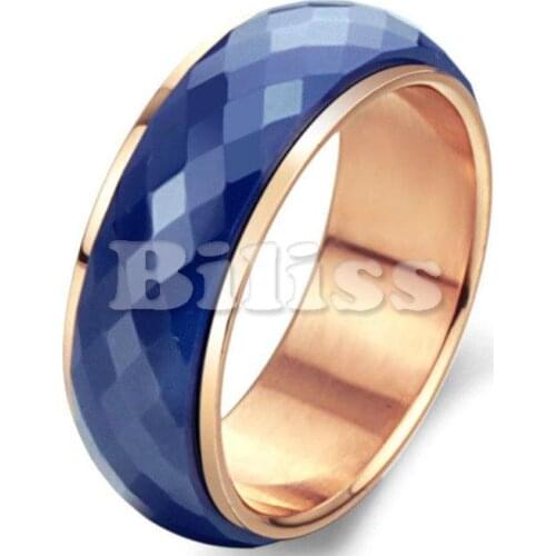 Unisex Mens Blue Tone Multi-faceted Ceramic Turntable Rose Gold Tone Wedding Engagement Ring