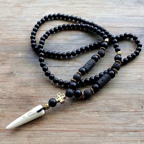 New Design Black BLava Stones Bead with Hematite cross charm pendant necklace Mens Bead Necklace