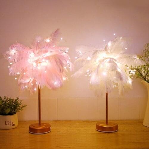 Remote Control Feather Tree Lampshade Lights Warm White Creative Bedside Reading Room Table Lamp Wedding Home Bedroom Decoration