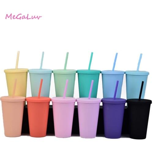 New Frosted Candy Color Double Plastic Straw Cup 16OZ Childrens Drink Juice Travel Cup Drinkware Straw Cup Kitchen Bar Supplies