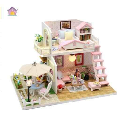 New arrival Miniature Wooden Doll House With DIY Furniture Fidget Toys For Kids Children Birthday Gift Pink Loft M033