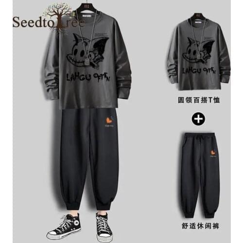 Mens Sports Casual Suit Korean Fashion Printing Pattern Long Sleeved Round Neck Sweater Sweatpants Loose Plus Size Couples Sets