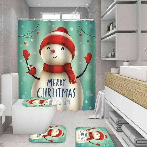 Merry Christmas Snowman Bathroom Set Happy New Year Pattern Toilet Bath Mat and Shower Curtain Holiday Party Home Decoration