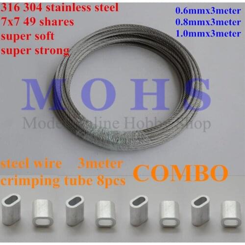 Super soft strong 7x7 stainless wire 0.6 0.8 1mm pull pull wire 3M + 8pcs crimping tube rc aircraft TOC pull pull rudder wire