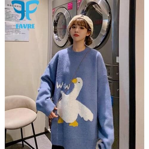 FAVRE Couple Sweaters Pullovers Men Streetwear Cartoon Duck Goose Knitted O-Neck Japanese Jumper Autumn Winter Women Sweater