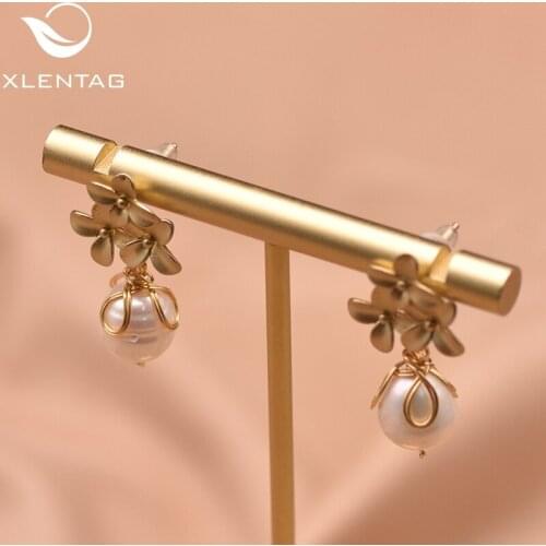 XlentAg Handmade Flower Drop Earrings Natural Fresh Water Round White Pearl Earrings For Women Fine Jewelry Oorbellen GE0752
