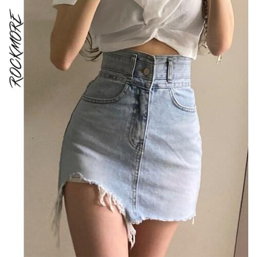 Rockmore WomenS Jeans Skirt Y2K Denim Mini Skirt Ladies Frayed High Waist Short Skirt Summer Harajuku Casual Vintage Korean 90s