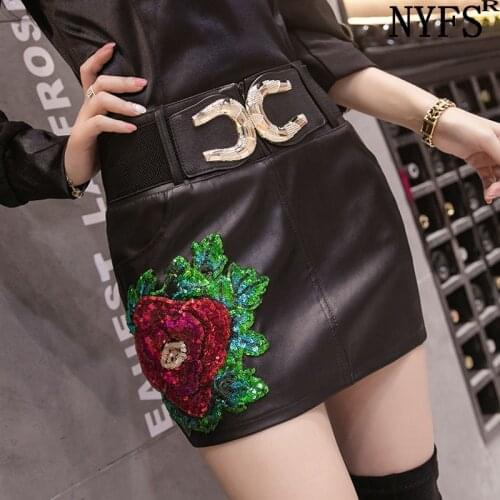 NYFS 2021 New Autumn Winter womens skirts Fashion show thin Slim embroidered PU leather skirt Hip mujer faldas(send belt)