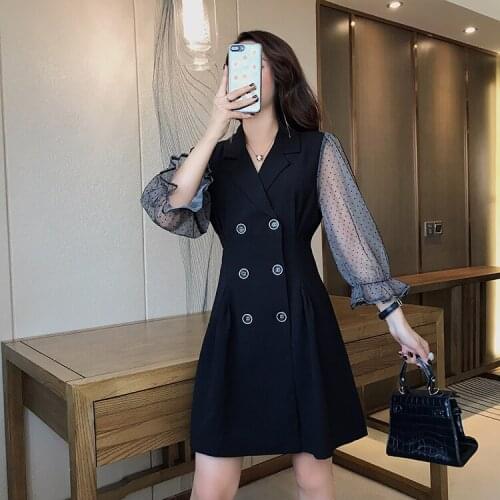 2020 New Blazer Dress Long-sleeved French Retro Double-breasted Women Suits Collar Dress Mesh Autumn Fashion Dress For Ladies