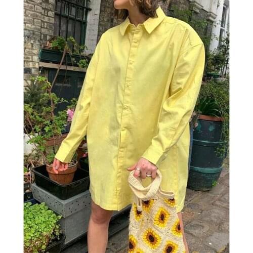Foridol Oversized Shirt Dress Women Casual Single Breasted Long Sleeve Spring Autumn Short Dress Yellow Loose Straight Dress