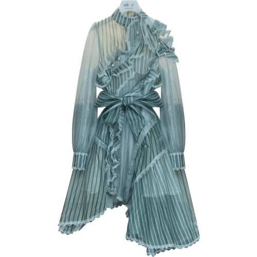 Women Long Sleeve Chiffon Dress, Ruffle, Vertical Stripe Irregular Dress Personalized Dress with Belt Dresses Woman Party Night