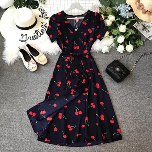2020 Summer Elegant V-neck Cherry Print Women Dress Short sleeve Slim Bohemia Chiffon Dresses A-Line Ladies Wrap Dress Vestidos