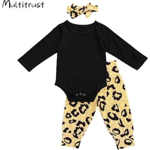 2020 Baby Girl Clothes Baby Bodysuit Black T-shirts+Leopard Pants Infant Newborn Baby Girls Clothing Kids Clothes