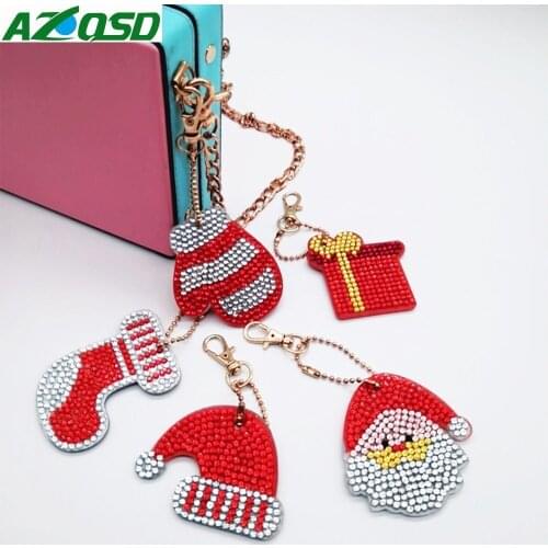 AZQSD Diamond Painting Christmas Sticker Diamond Embroidery Key Chain 5D DIY Diamond Mosaic Cartoon Santa Claus Pendant Decor