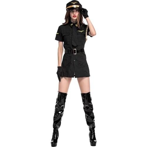 Women Halloween Stewardess Air Hostess Costumes Female Pilot Flight Attendant Uniforms Cosplay Carnival Purim Parade Party Dress