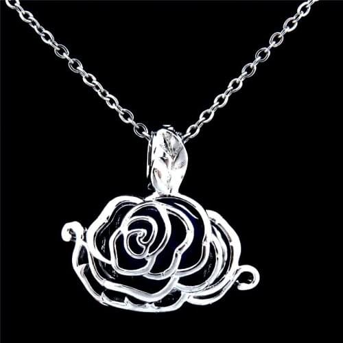 GLOWCAT K269 Trendy Camellia Flower Locket Necklace Beads Cage Aromatherapy Essential Oil Creative Pendants Necklace